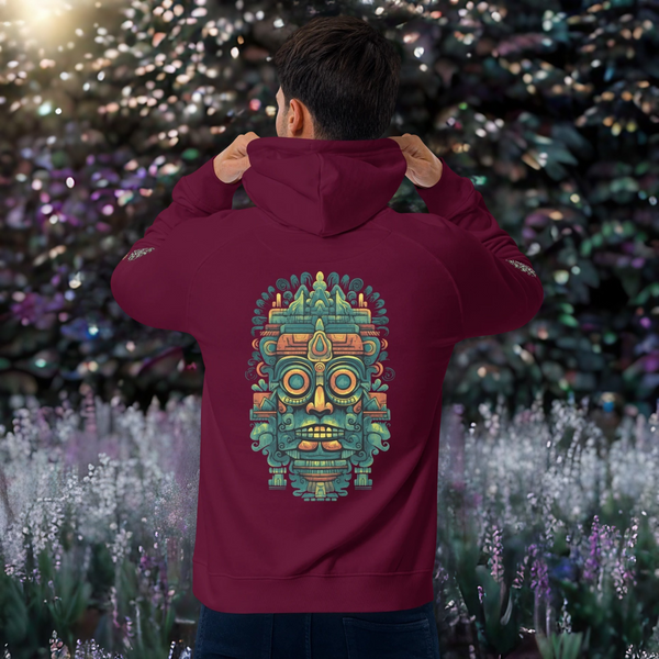 Olmec Hoodie from Cosmovisions’ Olmec Collection featuring symbolic patterns.